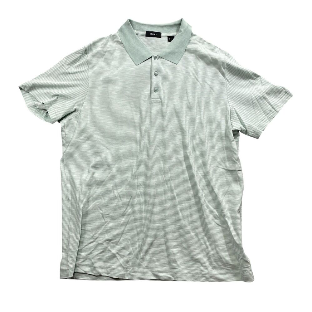 Theory XL Men's Green Stripe Polo Short Sleeve 100% Cotton 1/4 Button Up